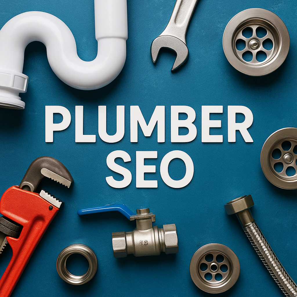 Plumber SEO - Various plumbing tools including wrenches, pipes, drain covers, and fittings on blue background